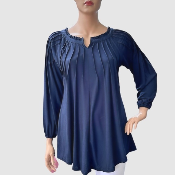 Reborn Pin-Tuck Tunic Size 1X Navy Blue Long Sleeves Shirttail, Notched Neck NWT - Picture 15 of 15